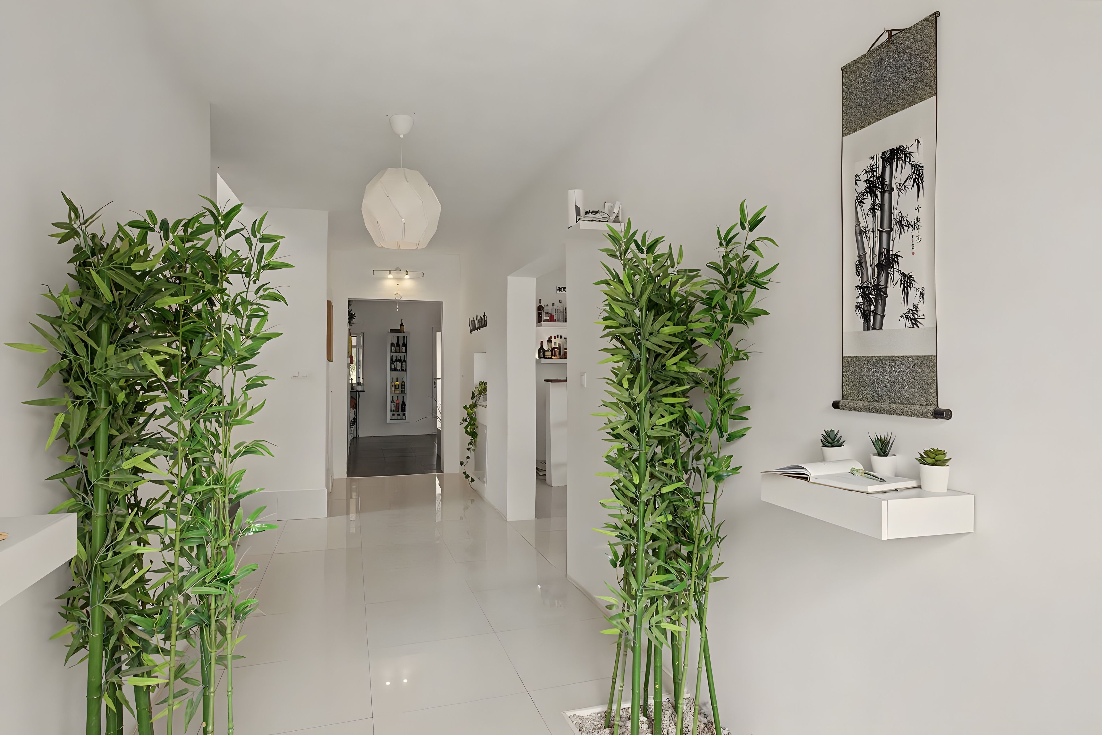 A hallway with bamboo plants, a white shelf with books and small plants, and a wall with a framed artwork.