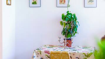 Un comedor con una mesa cubierta por un mantel floral, una planta en maceta y una silla.