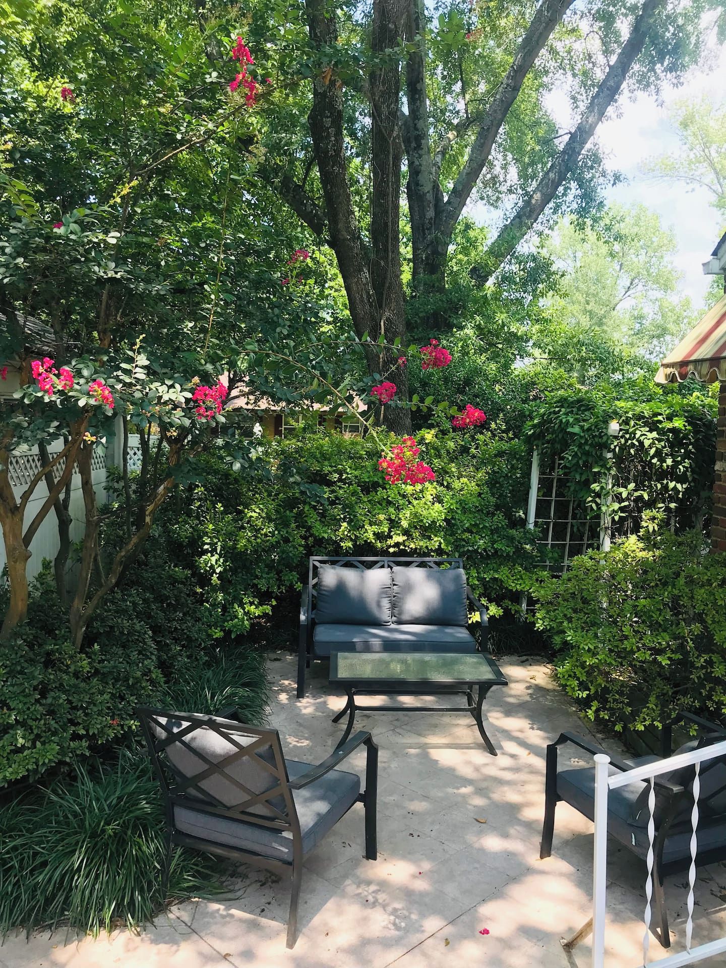 An outdoor seating area with a bench and chairs, surrounded by lush greenery and flowering plants.
