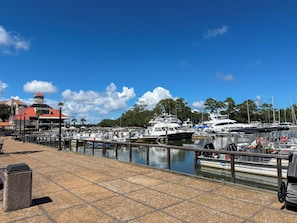 A marina with boats docked, a building with a red roof, and a clear blue sky. - Luxury 2 bed 2 ba Penthouse - Shelter Cove Marina Views (Hilton Head Island)