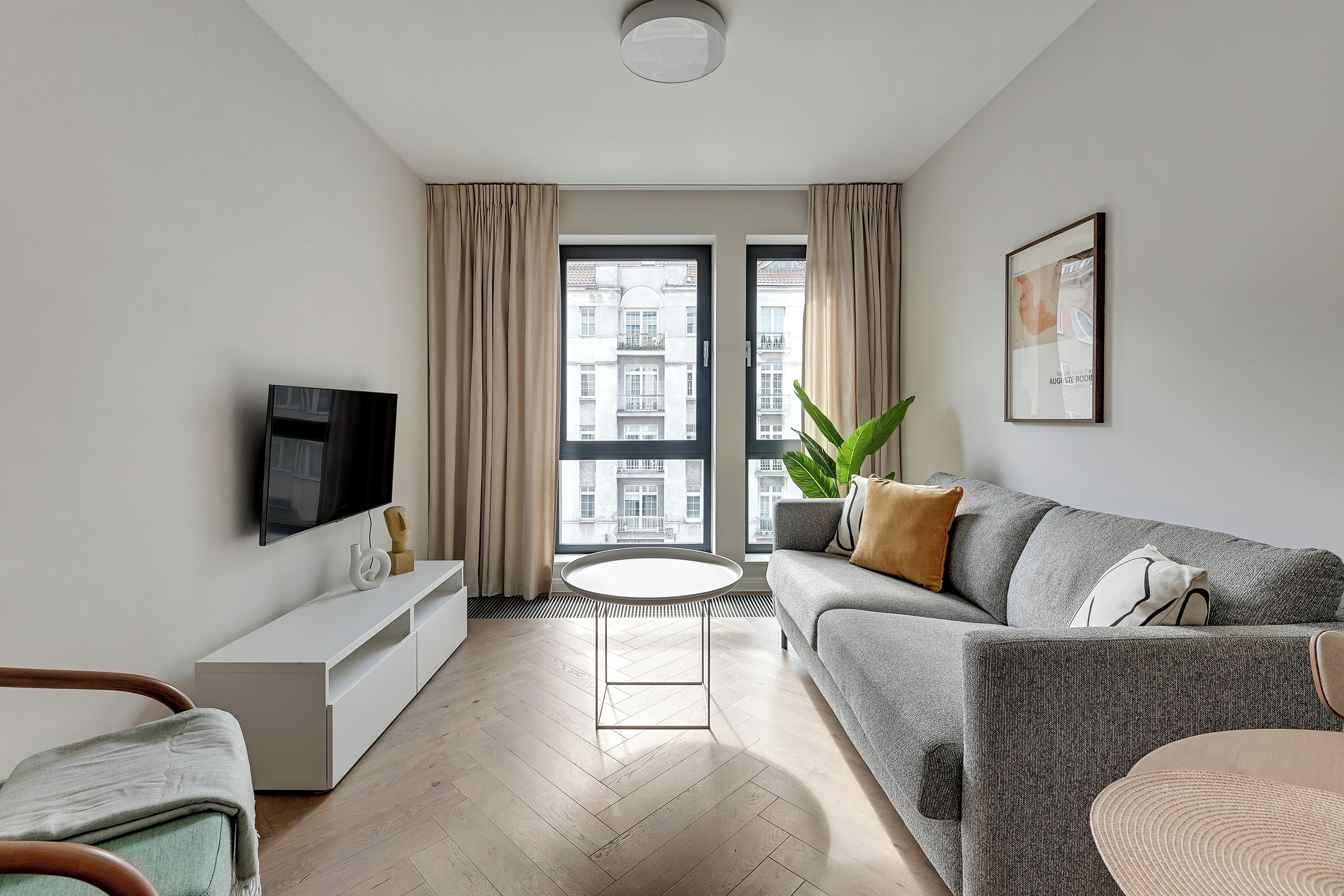 A modern living room with a flat-screen TV, a sofa, a coffee table, and a potted plant.