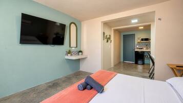 Quarto de hotel com uma cama, televisão, pequeno móvel com plantas e área de cozinha visível por uma porta aberta.
