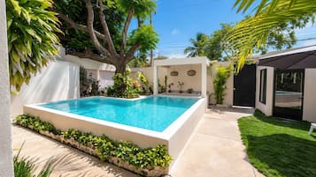 Ein rechteckiger Swimmingpool mit Steingrenze, umgeben von verschiedenen Pflanzen und Bäumen, und ein überdachter Patio-Bereich auf der rechten Seite.