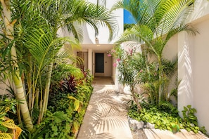 A narrow pathway flanked by lush greenery and a building with a dark entrance.