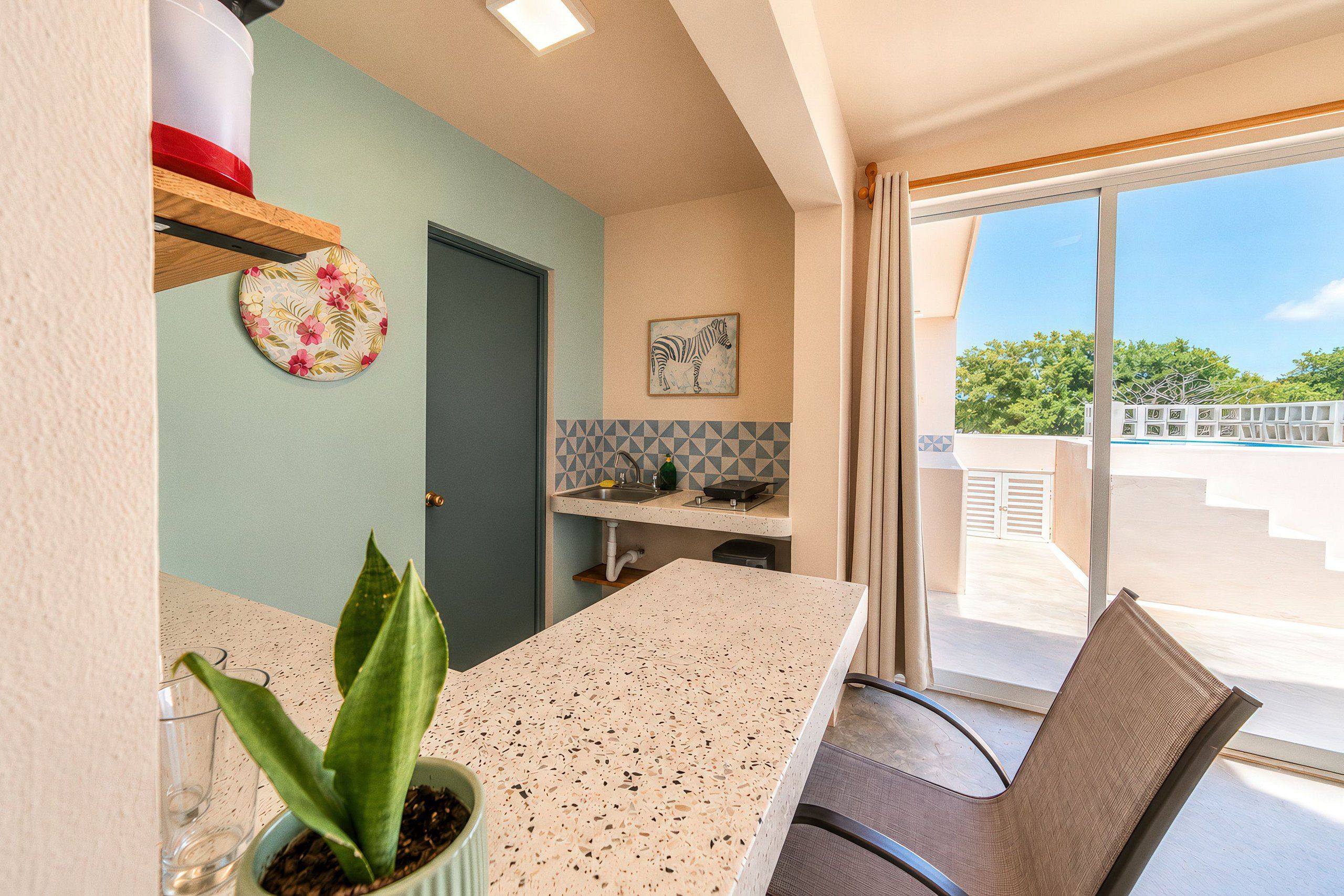 A modern kitchen with a countertop, a sink, and a window with a view of the outdoors.