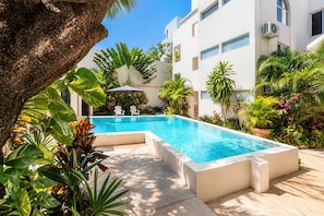 Una piscina con un muro de piedra, rodeada de plantas tropicales y un edificio blanco.