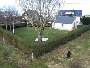 Een woonwijk met een verzorgd gazon, een boom en een huis met schuin dak.