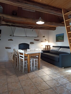 Een rustiek interieur met een eettafel, stoelen, een bank en een ladder.