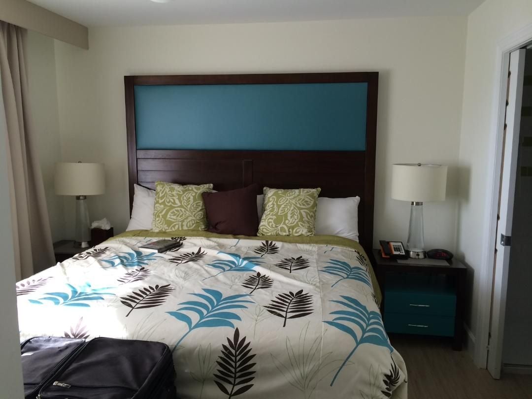 Een hotelkamer met een groot bed, twee nachtkastjes, een koffer en een deur.