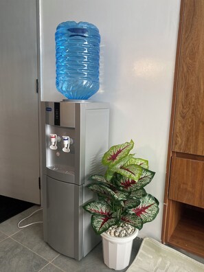 A water dispenser with a blue water bottle on top, a potted plant with green and red leaves, and a wooden cabinet. - Studio apartment at Tsavo sunset (Kiambu)