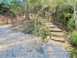 Ein Kiesweg führt zu einer hölzernen Treppe, umgeben von dichter Vegetation.