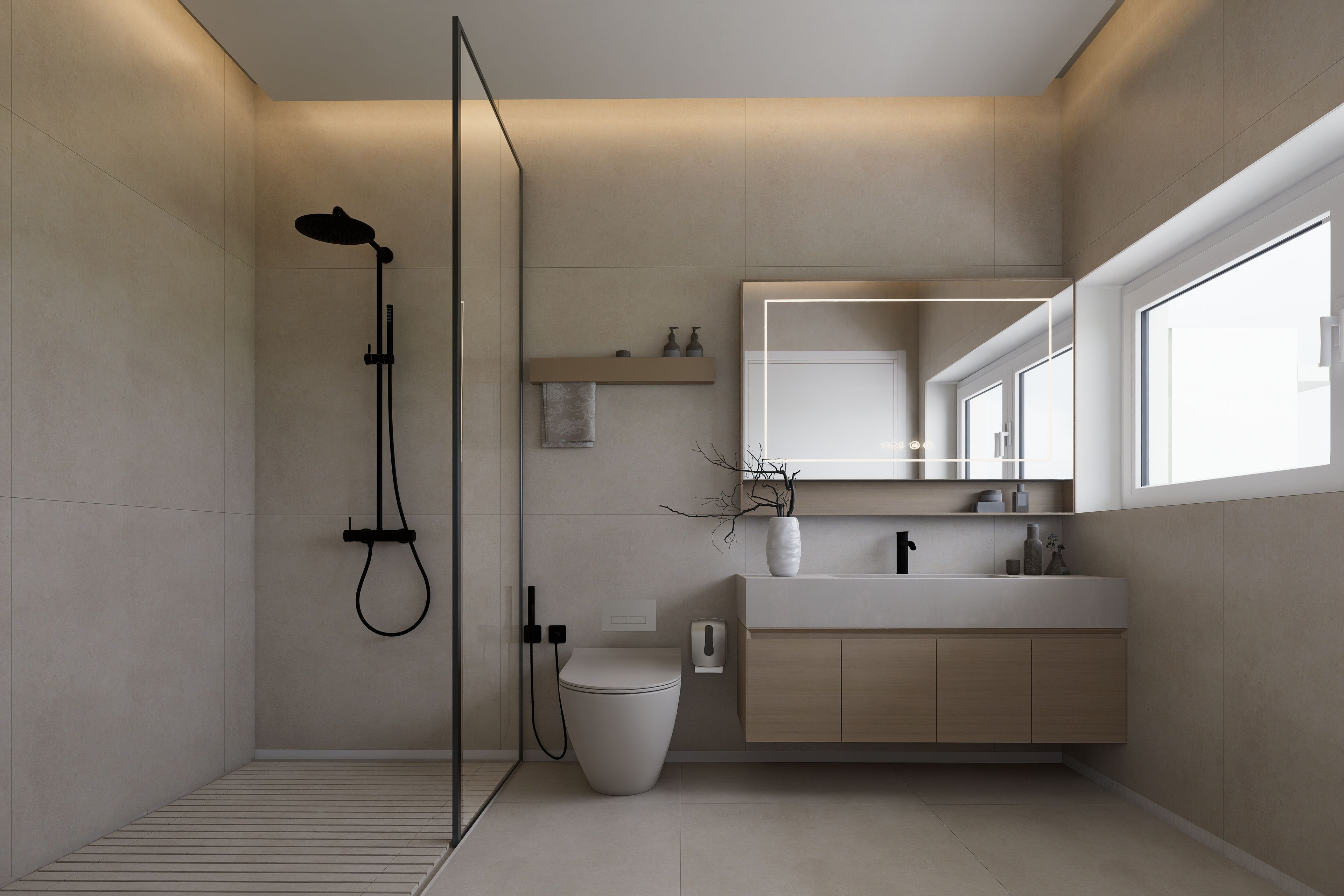 Ein modernes Badezimmer mit Dusche, Toilette und Waschtisch.
