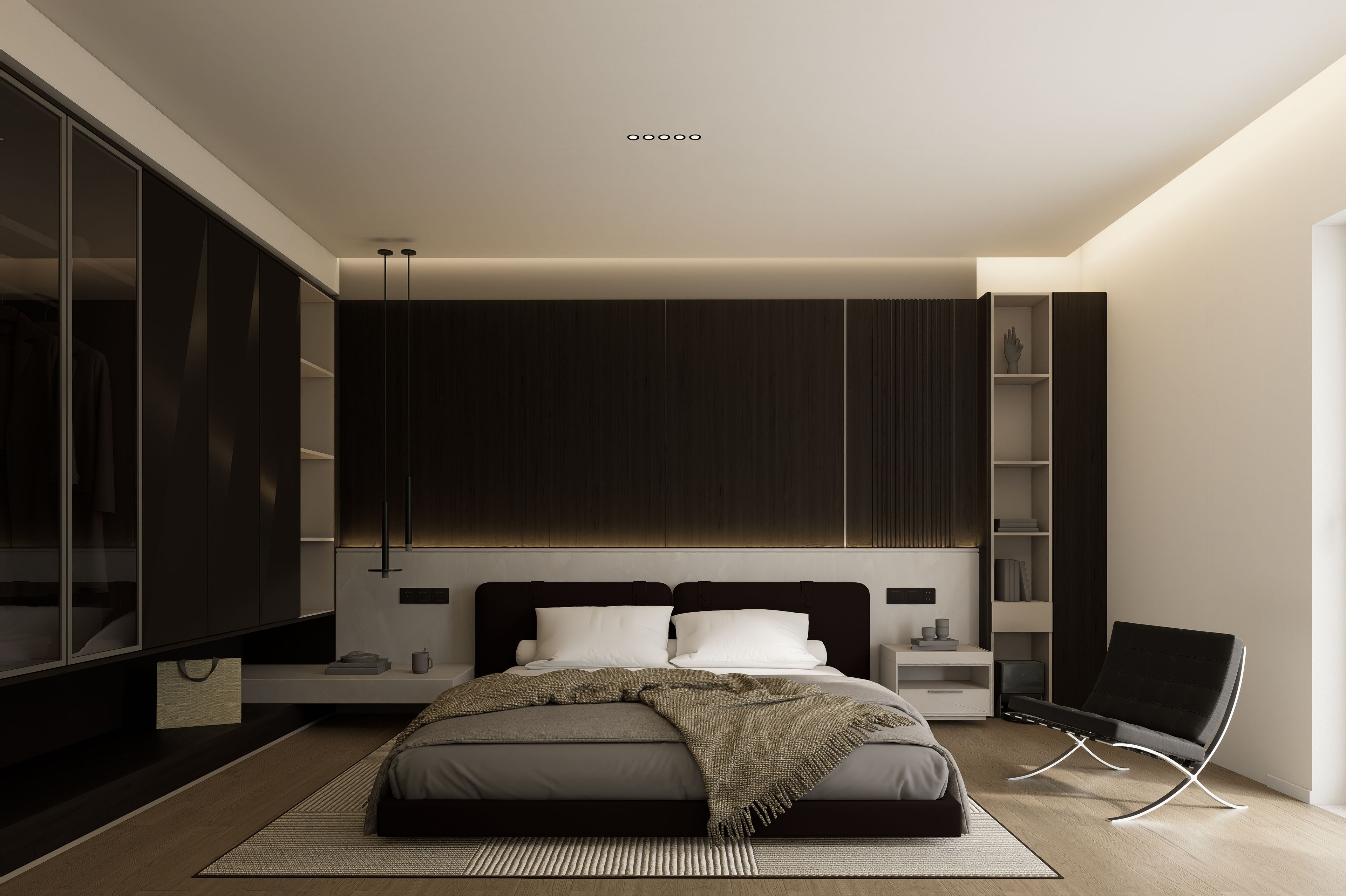 A modern bedroom with a bed, bedside tables, a wardrobe, and a chair.