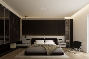 A modern bedroom with a bed, bedside tables, a wardrobe, and a chair. - F&R Zimmervermietung  (Tappenbeck)