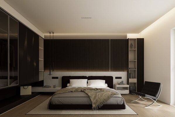 Una camera da letto moderna con un letto, comodini, un armadio e una sedia.