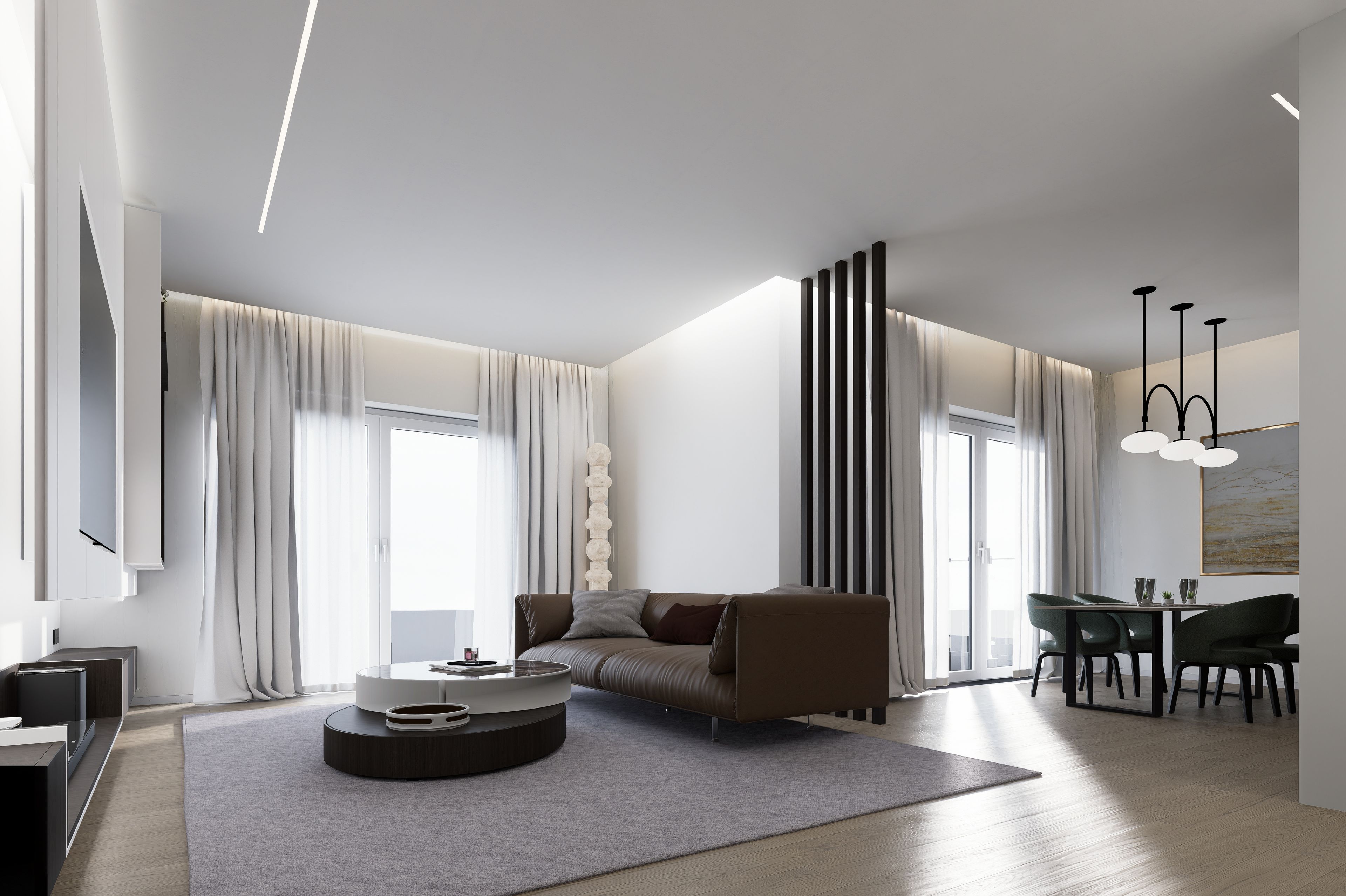 A modern living room with a sofa, a coffee table, and a dining area with chairs.
