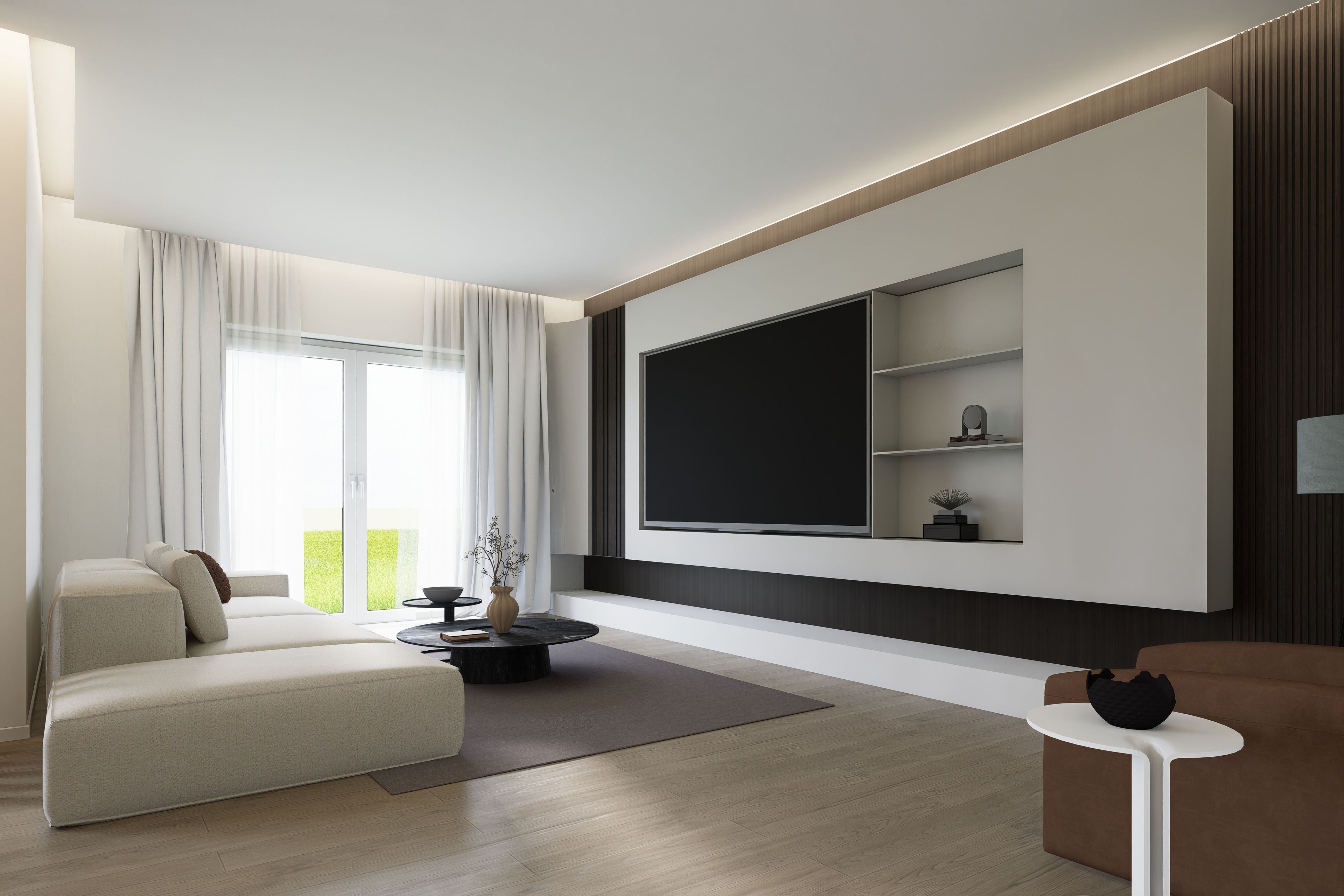 Ein modernes Wohnzimmer mit einer Couch, einem Couchtisch und einem an der Wand befestigten Fernseher.