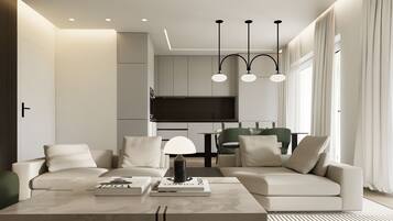 A modern living room with a sofa, a coffee table, and a TV in the background.