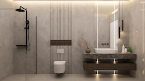 Un baño moderno con ducha, inodoro, tocador y un espejo grande.