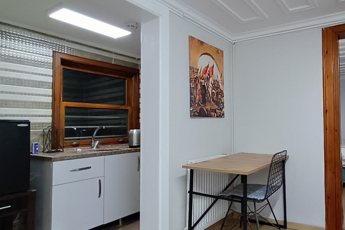 Une pièce de taille modeste comprenant un coin cuisine, un lit et une porte donnant sur une autre pièce.