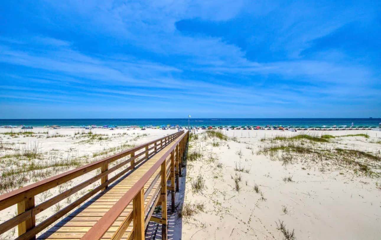 Une promenade en bois qui mène à une plage bordée de dunes de sable, sous un ciel bleu et dégagé.