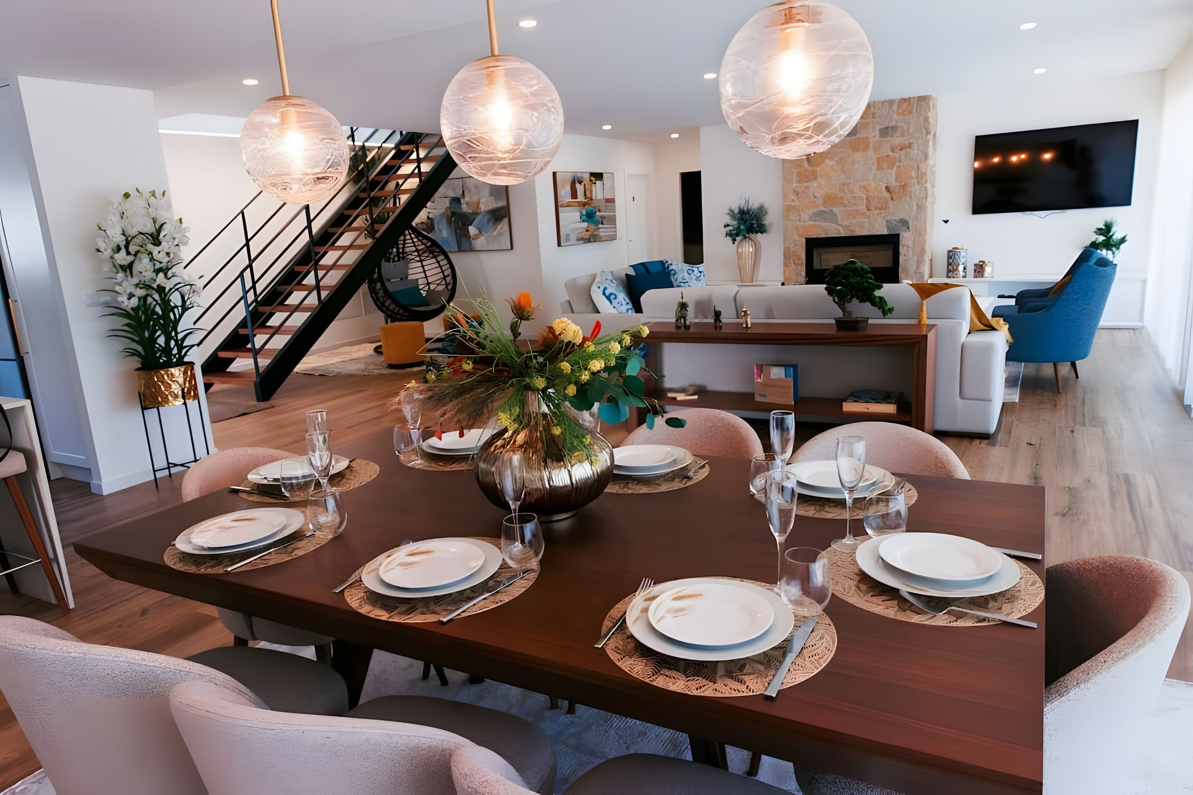 A dining area with a long table set for six, surrounded by modern chairs.