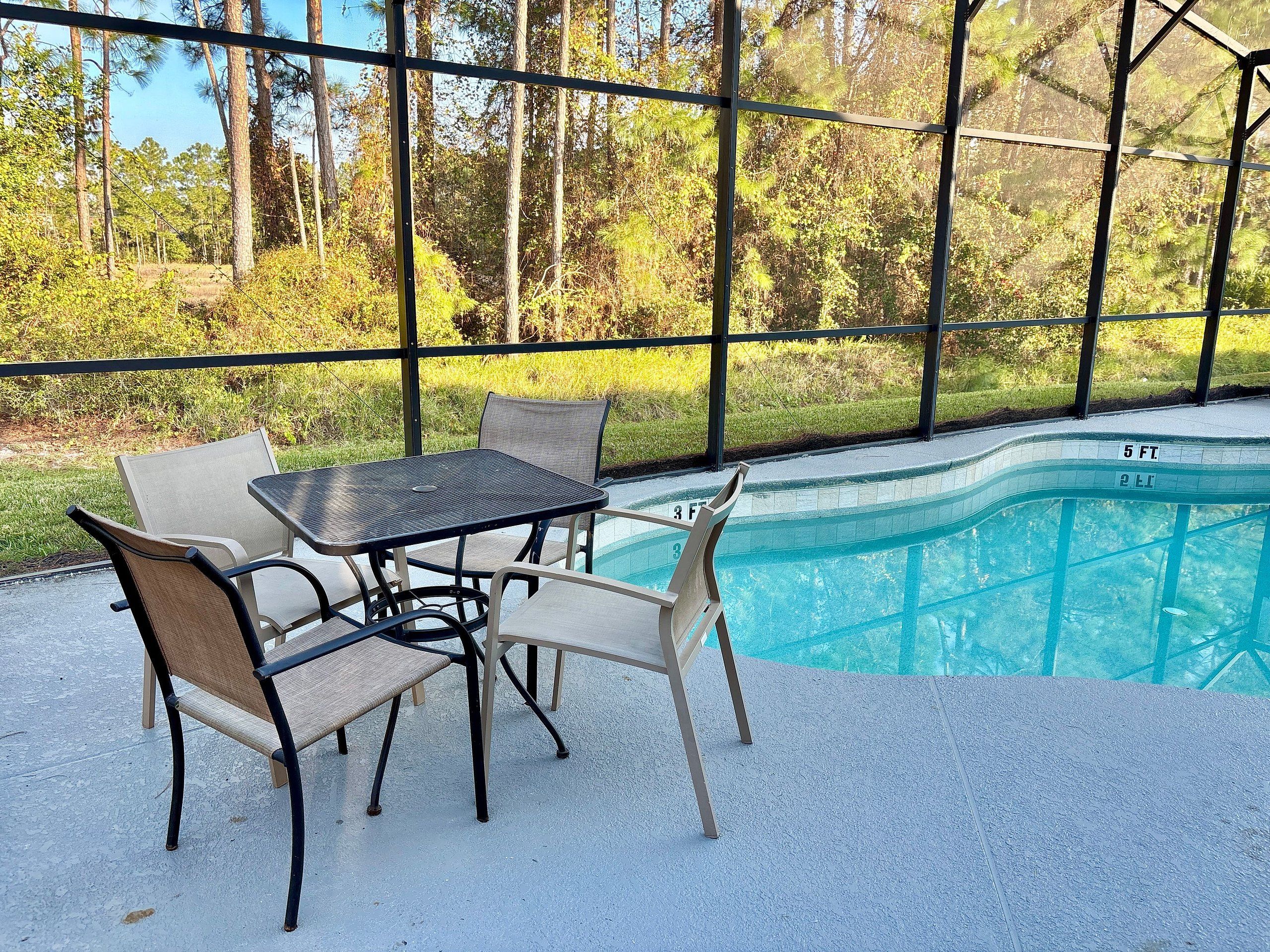 An outdoor patio with a pool, surrounded by a metal fence, and furnished with a table and chairs.