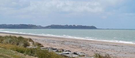 Uma praia com costa rochosa, ondas e um horizonte urbano ao longe.