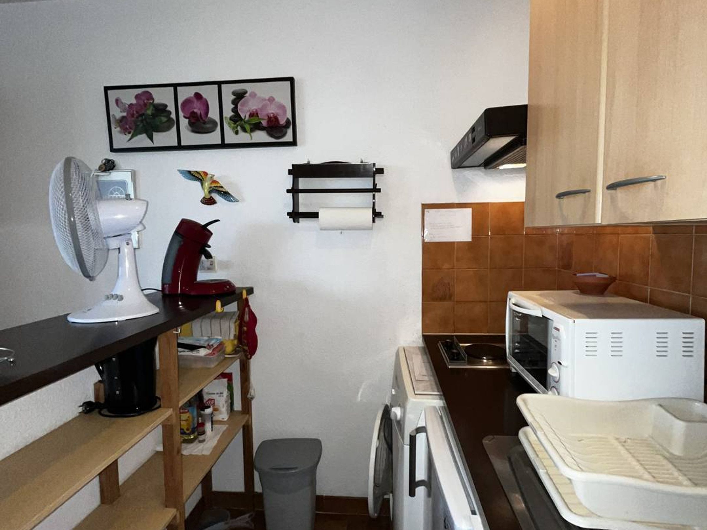 A compact kitchen with a microwave, stove, and fan. There are shelves with kitchen items and a trash bin.