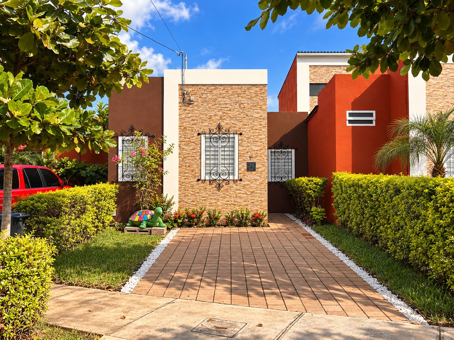 A residential building with a paved driveway, a red car parked in the driveway, and a variety of plants and shrubs.