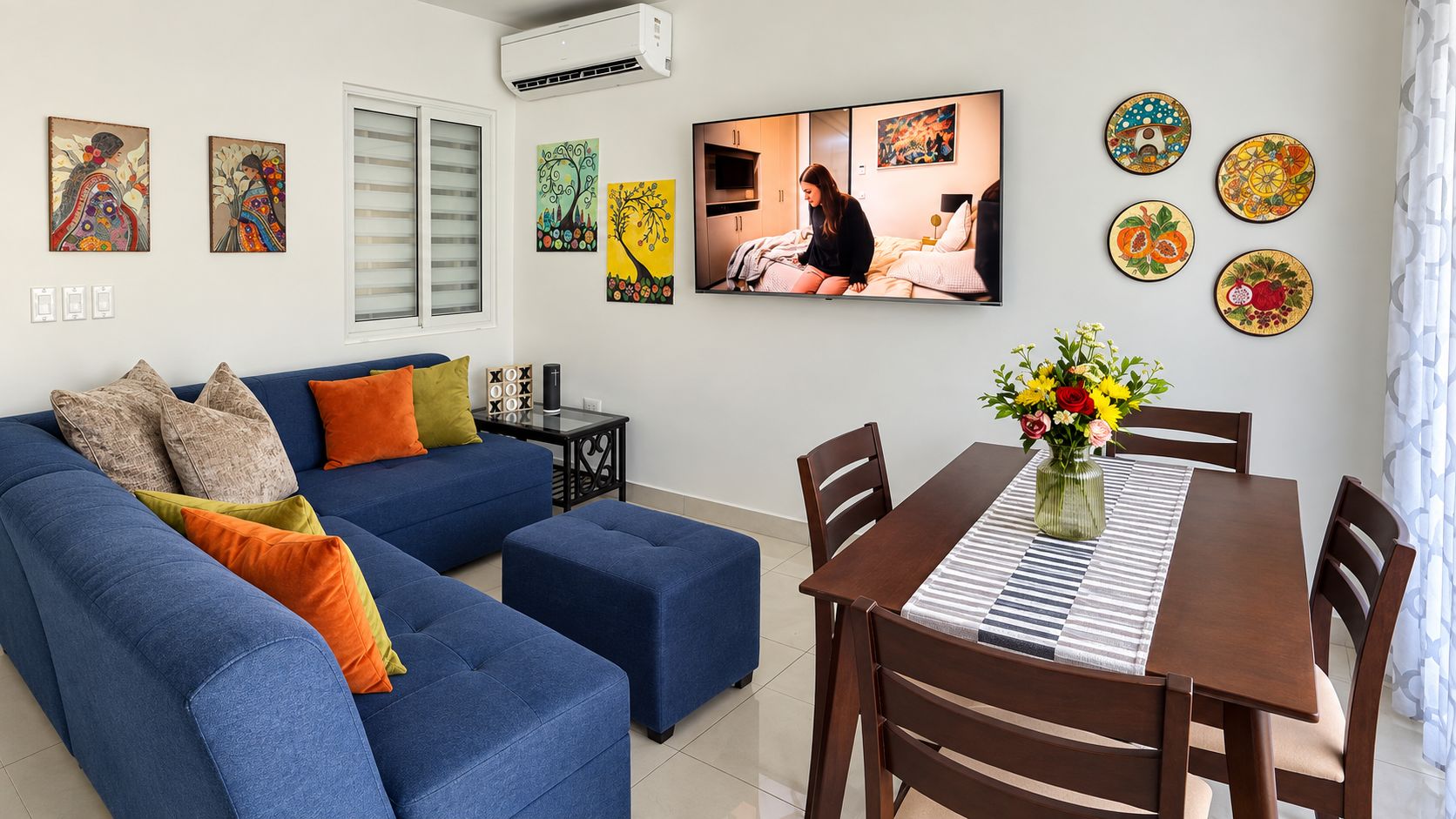 A living room with a blue sofa, a dining table with chairs, and wall art.