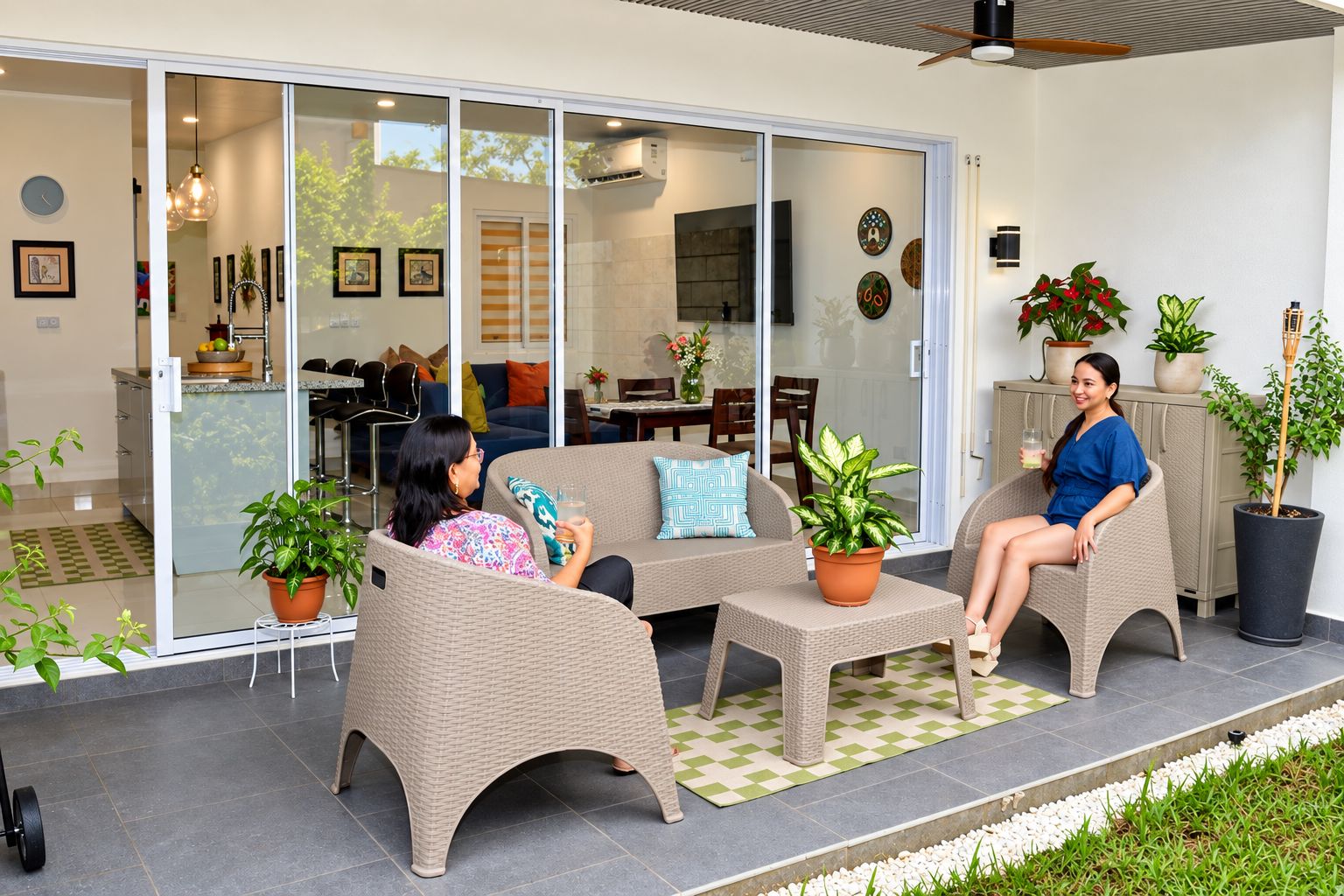 A modern outdoor seating area with wicker furniture, a glass table, and potted plants.