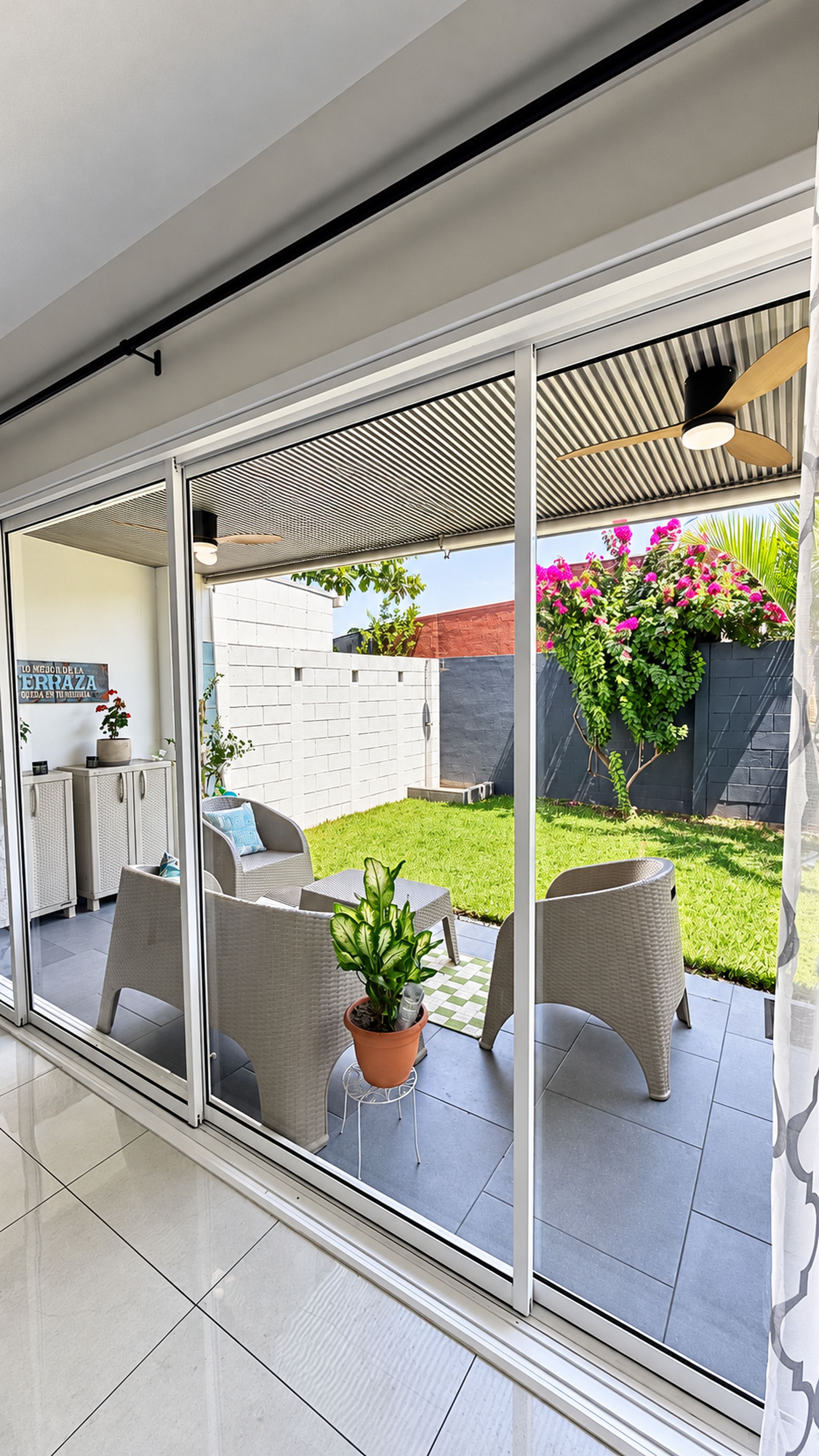 A modern patio area with a glass door leading to a garden, outdoor furniture, and a potted plant.