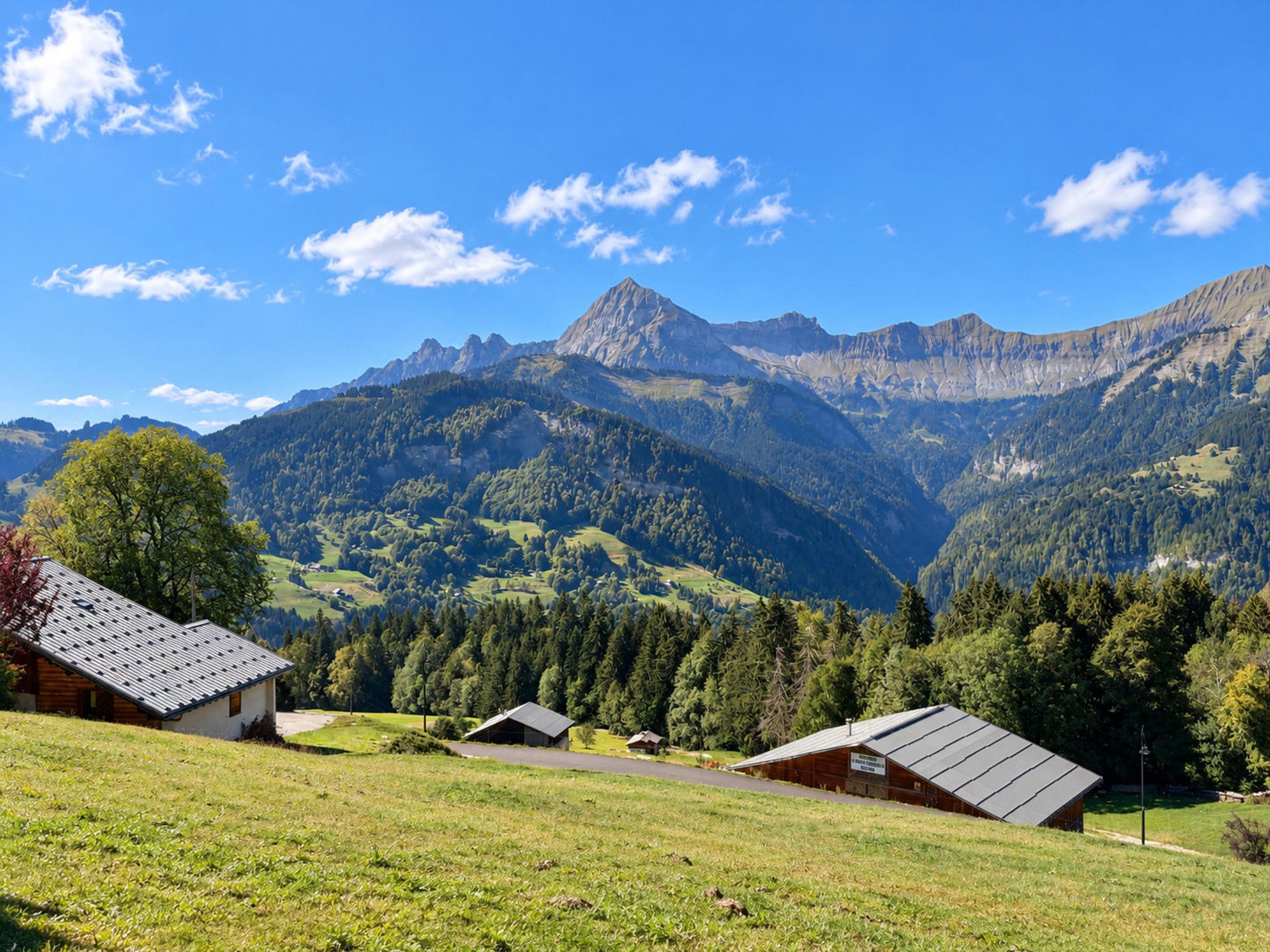 A mountain landscape with a clear sky, a few buildings with sloped roofs, and dense forested hills.