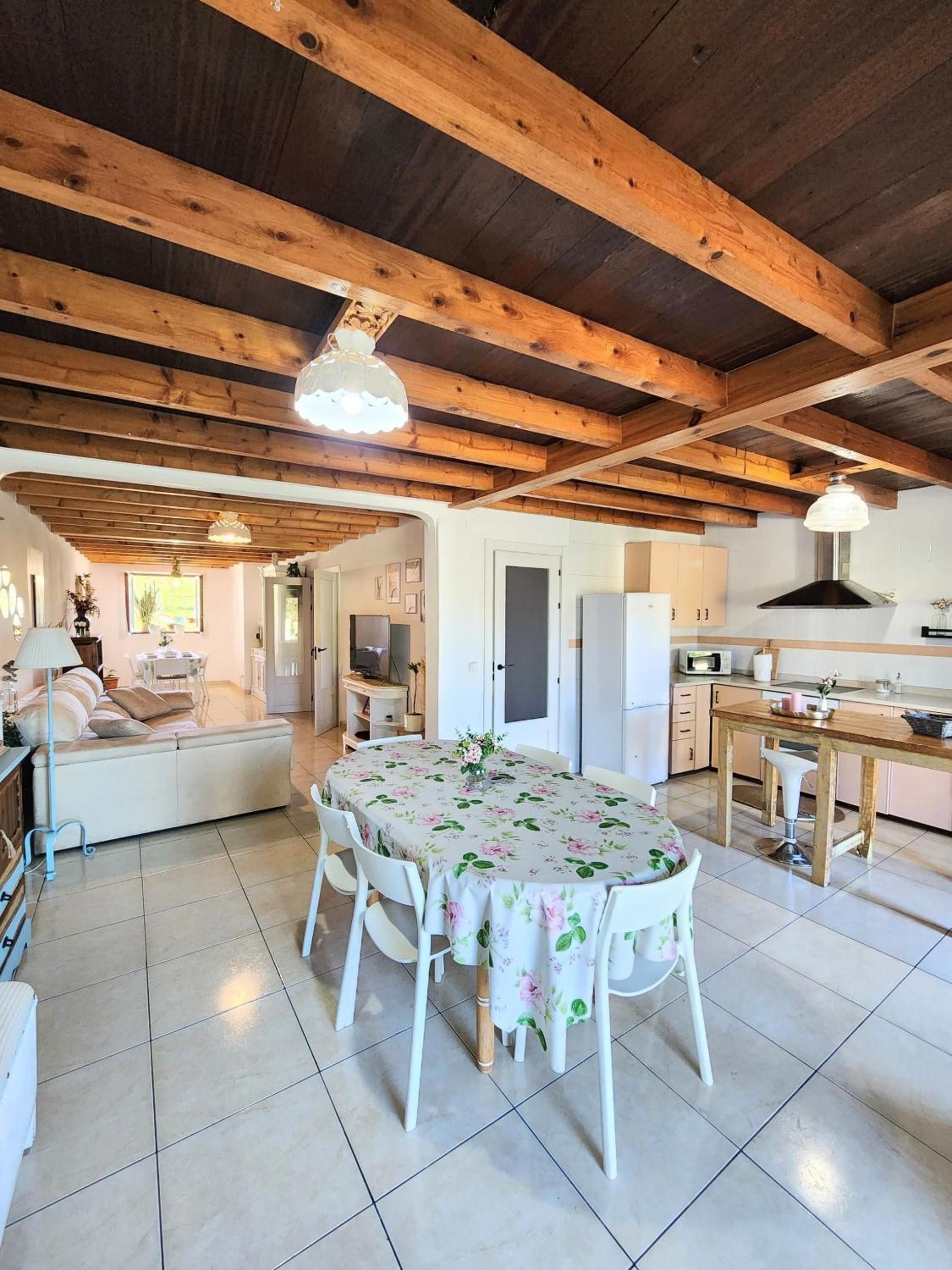 Ein geräumiger Wohnbereich mit Esstisch, Sofas und einer Küche im Hintergrund.