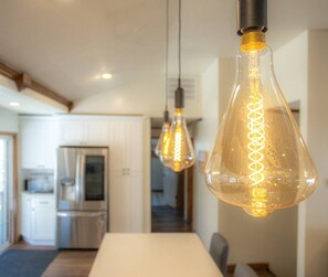 A modern kitchen with stainless steel appliances and pendant lighting. - 5 Houses, 19 Bd, 14 BA, 16 Acres, Pool, Events! (Friendsville)