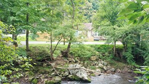 A natural landscape with a stream, rocks, and trees.