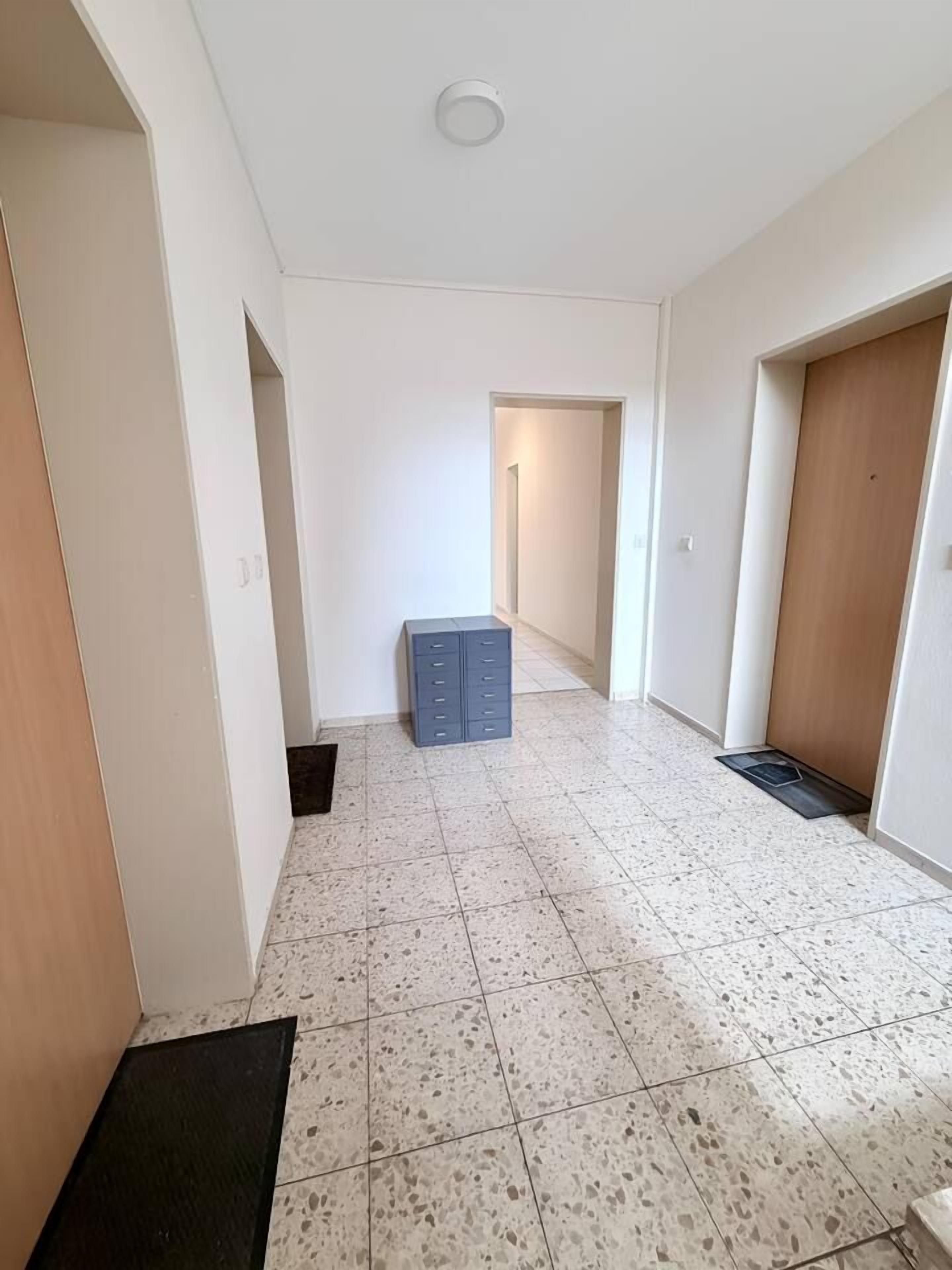 Ein Flur mit Fliesenboden, einem grauen Schrank und einer Holztür.
