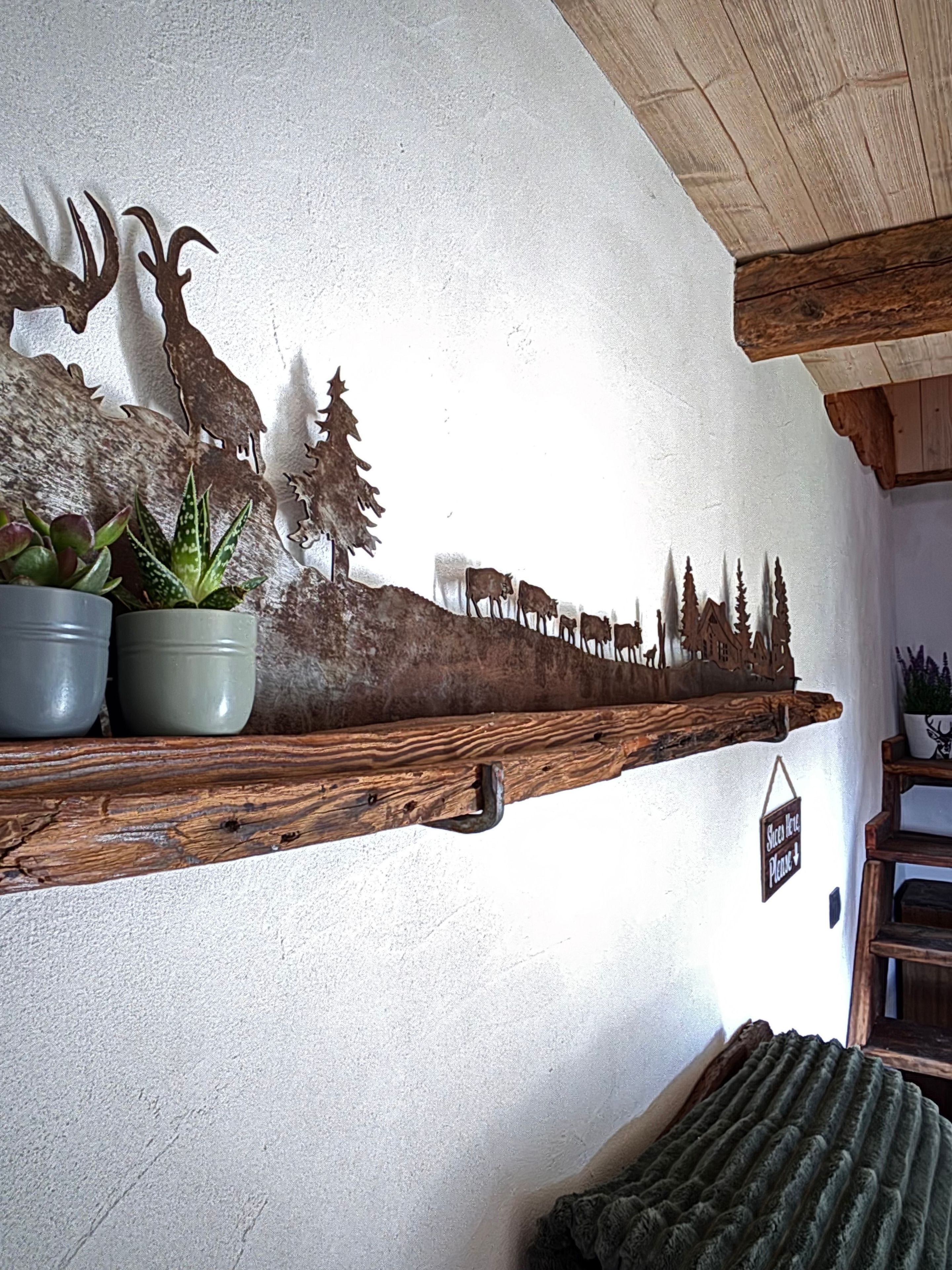 Interior rústico com prateleira de madeira exibindo plantas e um objeto decorativo na parede.