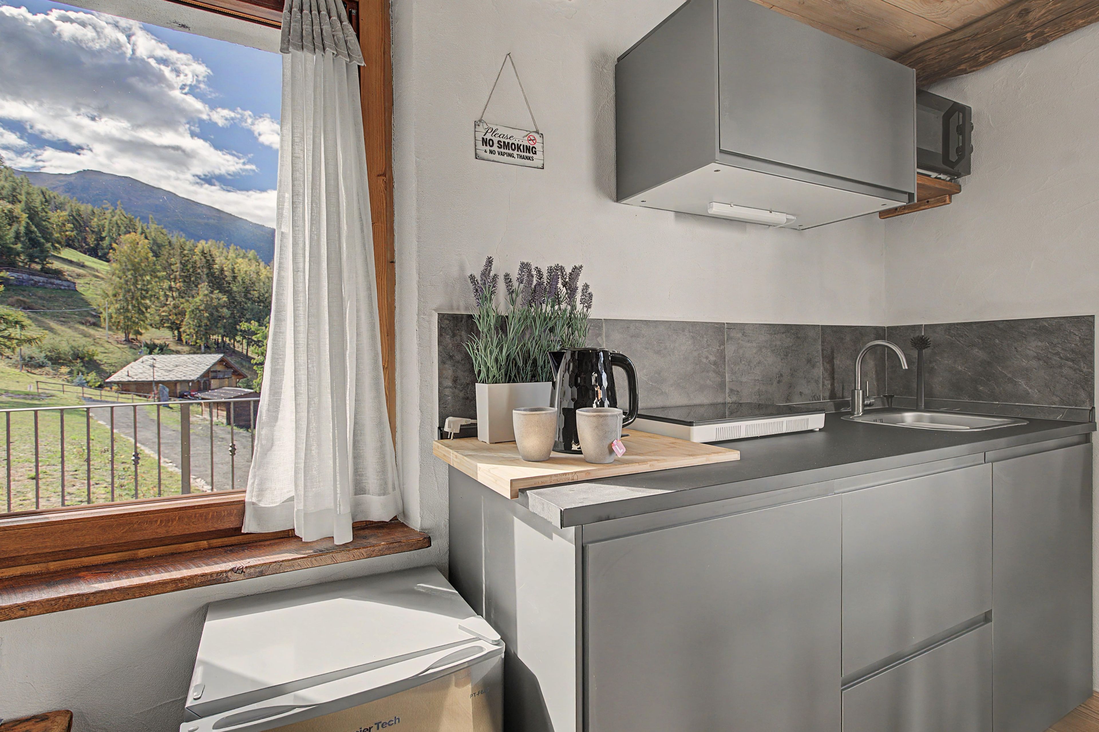 A modern kitchen with a view of a mountainous landscape.
