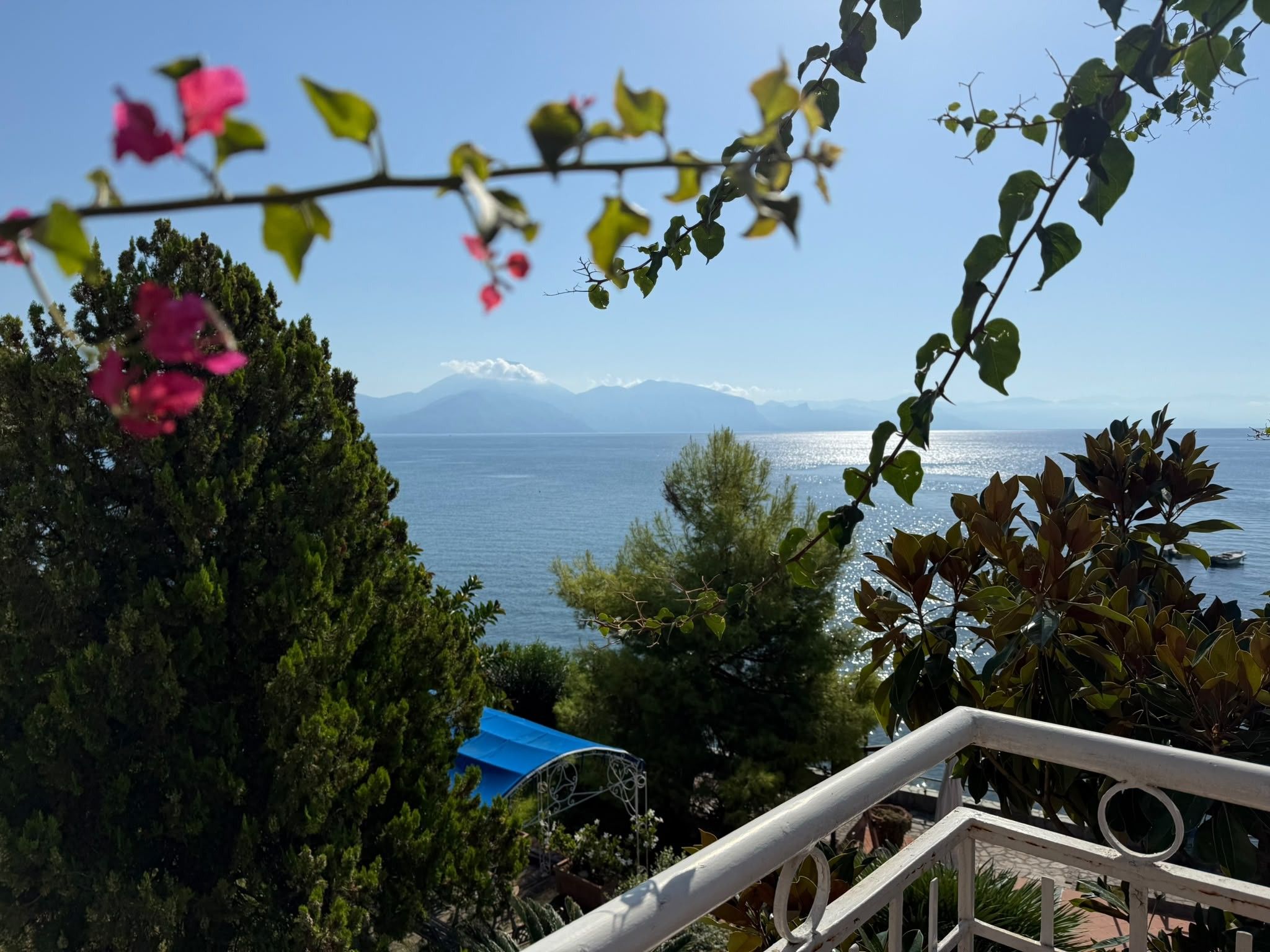 Un balcón con vista a un cuerpo de agua y montañas distantes.