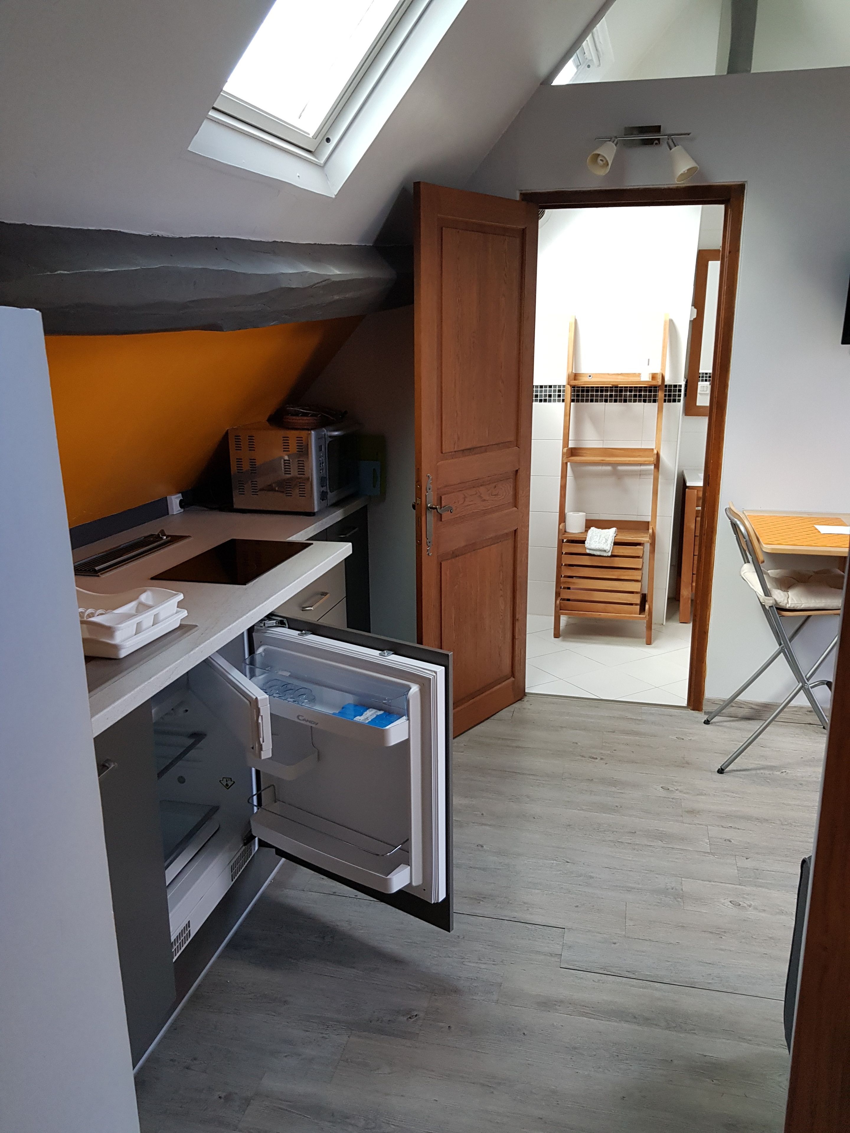 A compact kitchen with a refrigerator, microwave, and wooden cabinets. A skylight provides natural light, and a wooden door leads to a dining area.