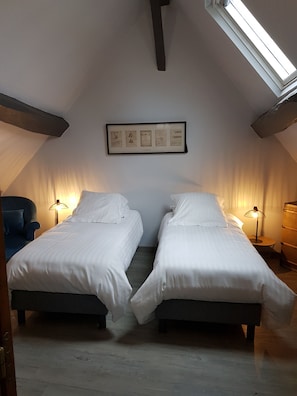 Un dormitorio con dos camas, una obra de arte enmarcada arriba y un tragaluz.