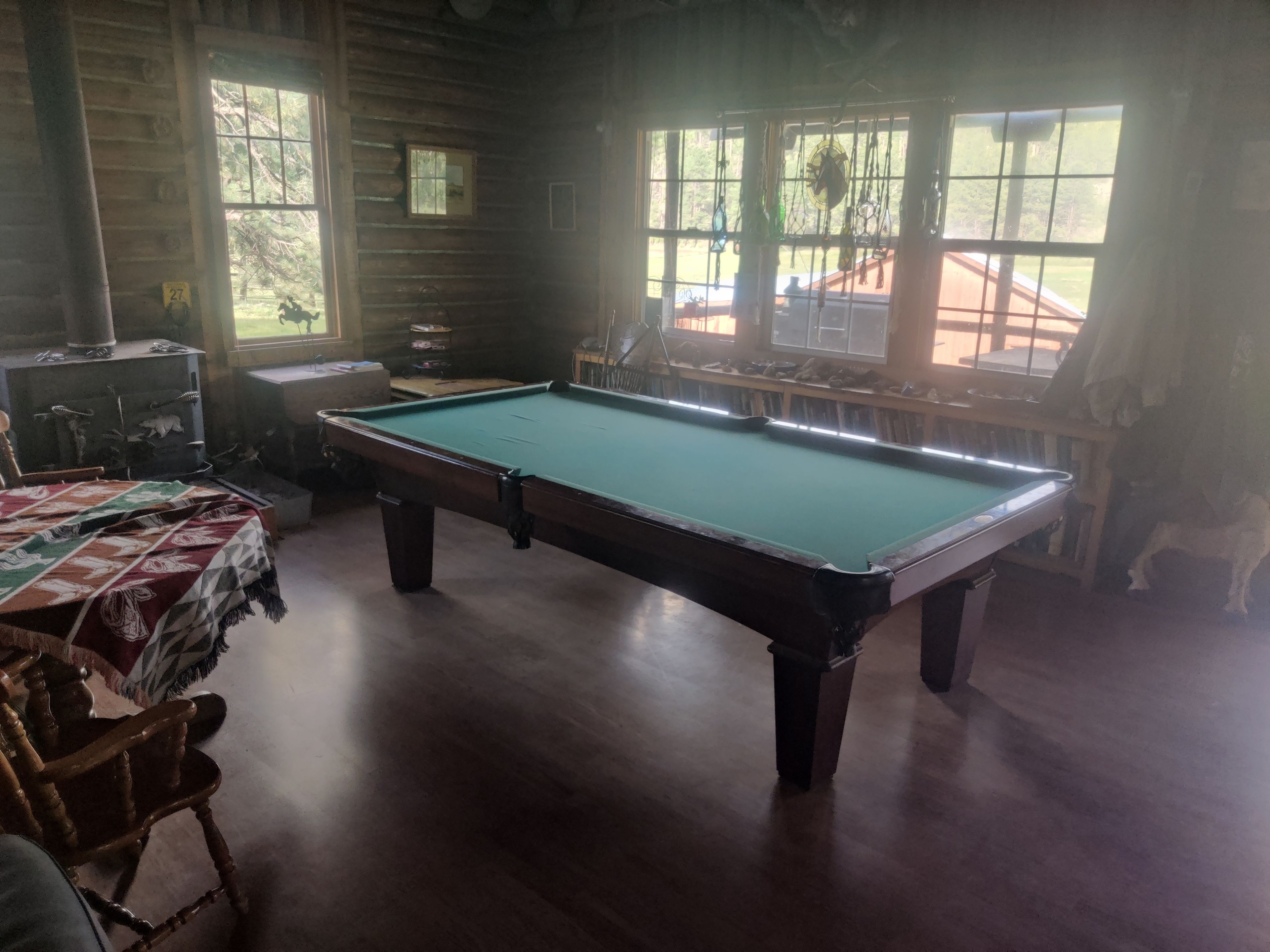 Une table de billard dans une pièce aux murs en bois, avec une fenêtre et une vue sur l’extérieur.