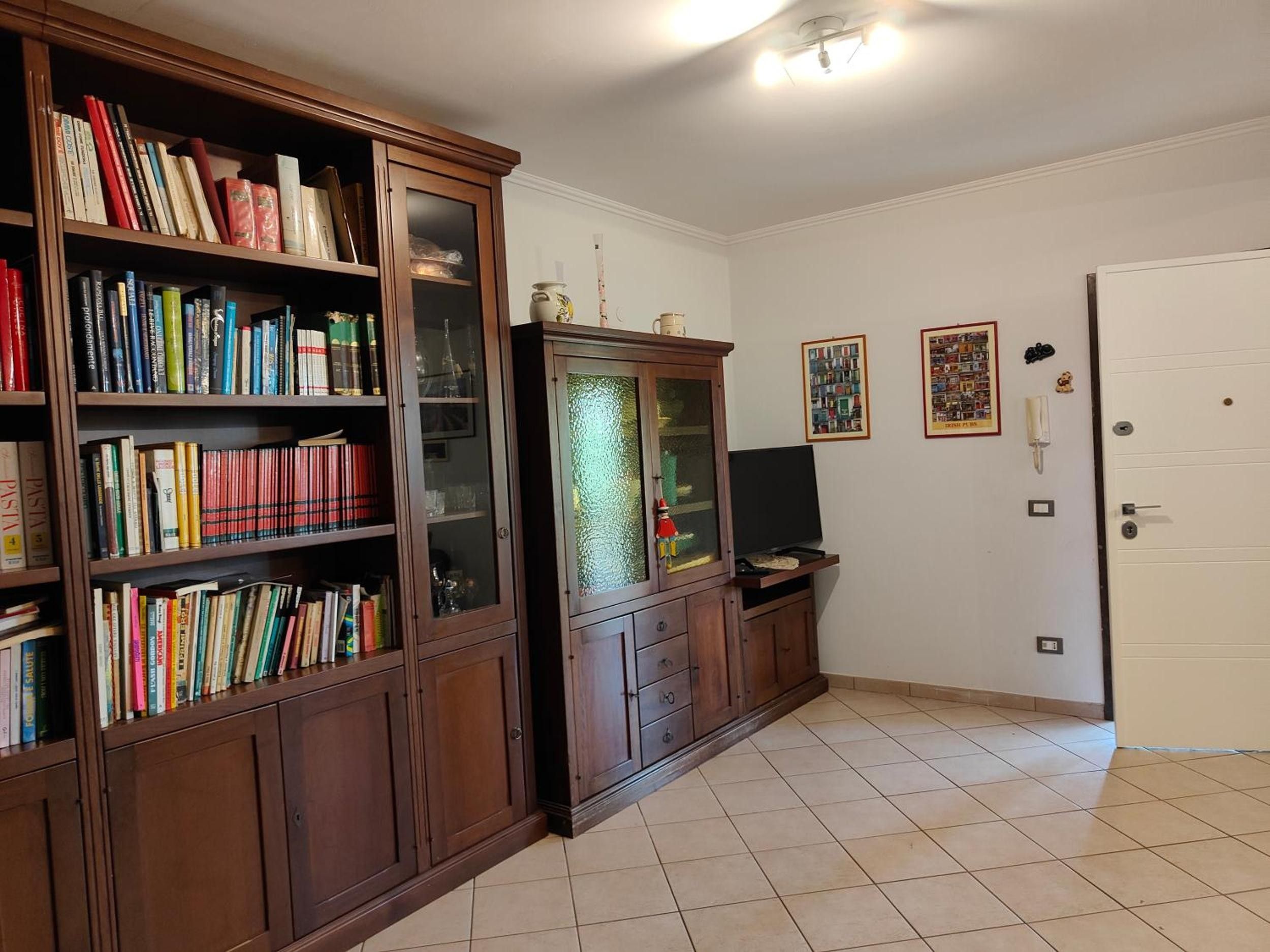 Une pièce avec une bibliothèque en bois remplie de livres, une vitrine, un téléviseur posé sur un meuble et une porte avec un interrupteur.