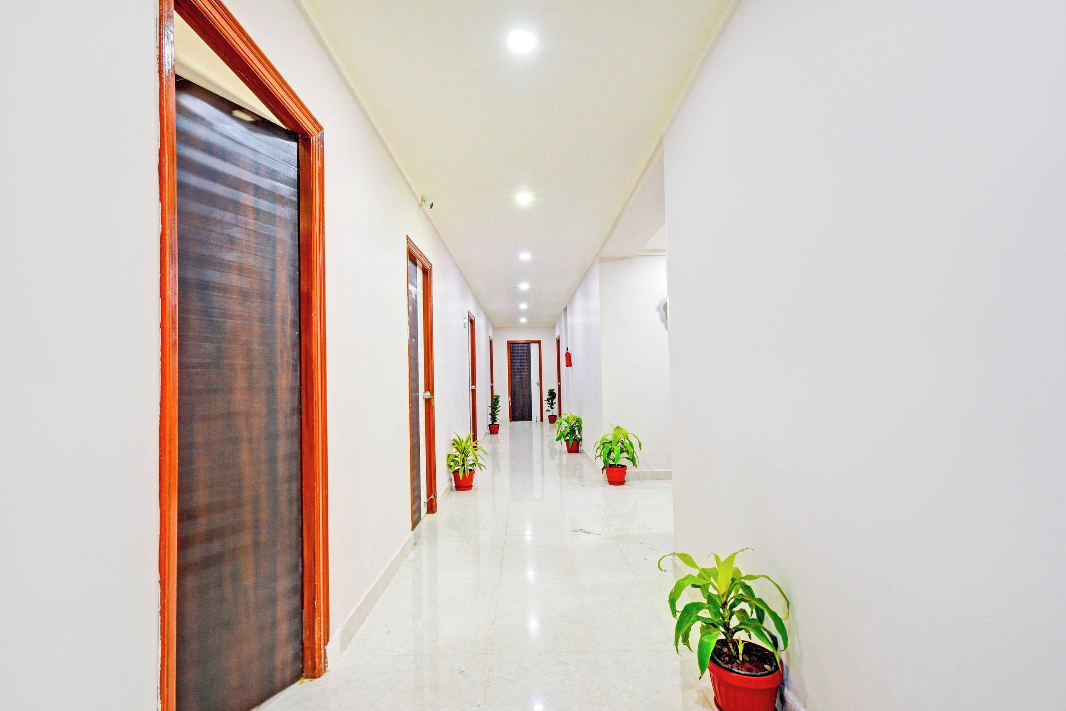 A corridor with doors on both sides, potted plants, and a ceiling with recessed lighting.