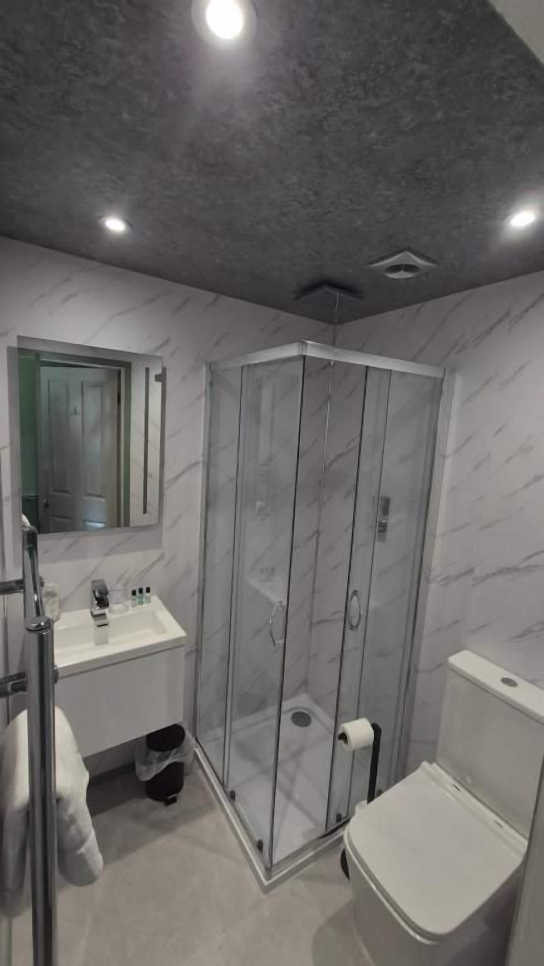 A bathroom with a glass-enclosed shower, a white sink, and a toilet.