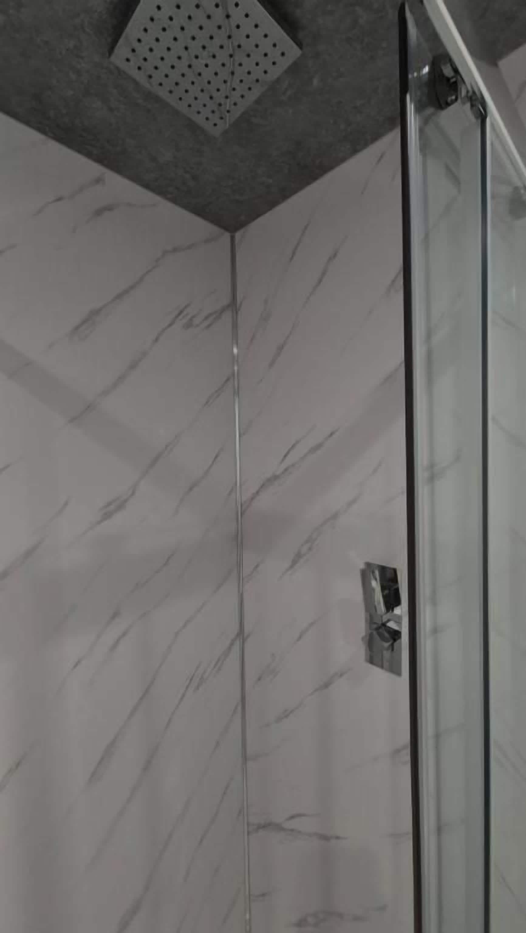 Ducha con puerta de cristal y pared de mármol.