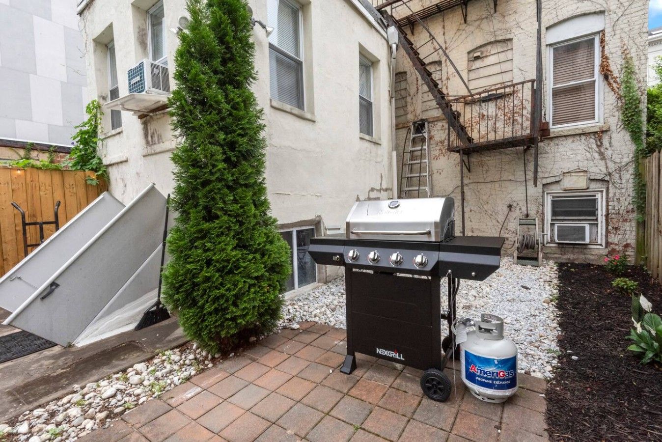 A backyard with a grill, a tall evergreen tree, and a propane tank.