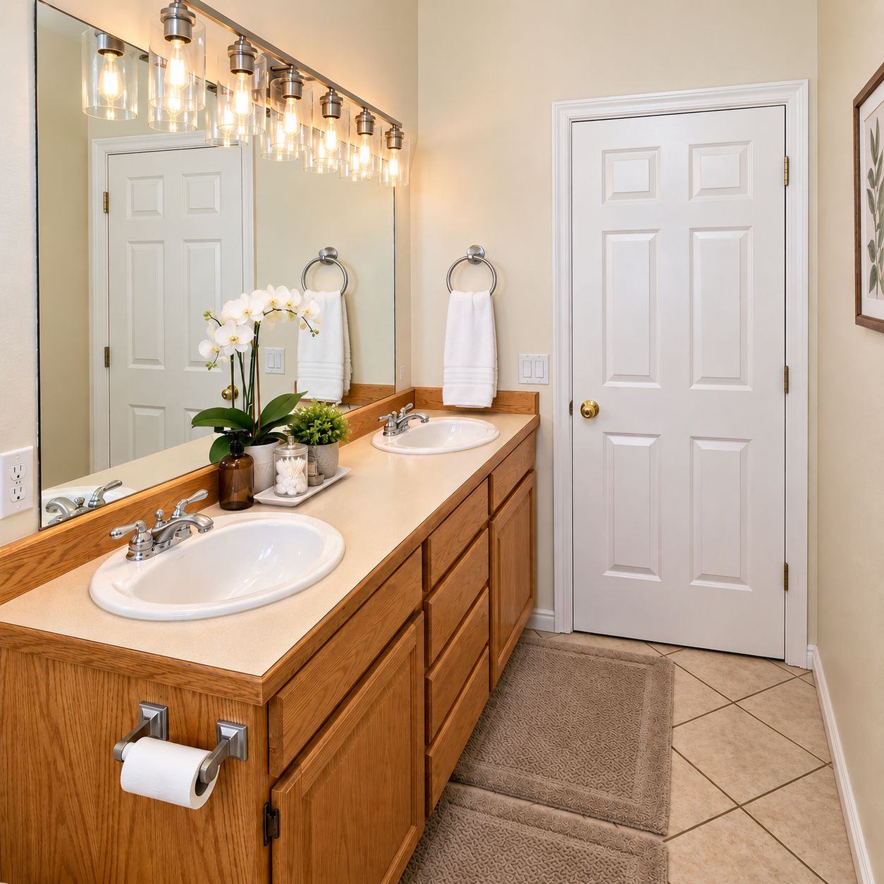 A bathroom with two sinks, a mirror, and a door.